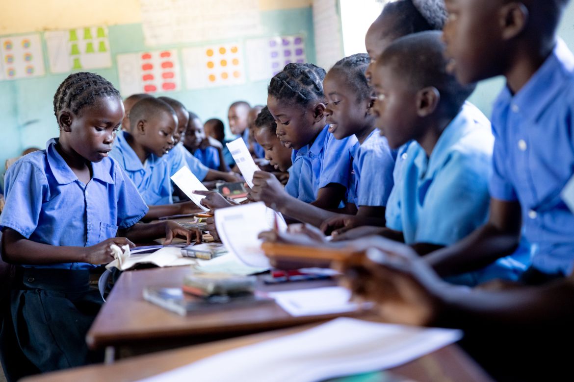 Students at Bethel Primary School in Katete District learn literacy skills during the "Catch Up Program" at school