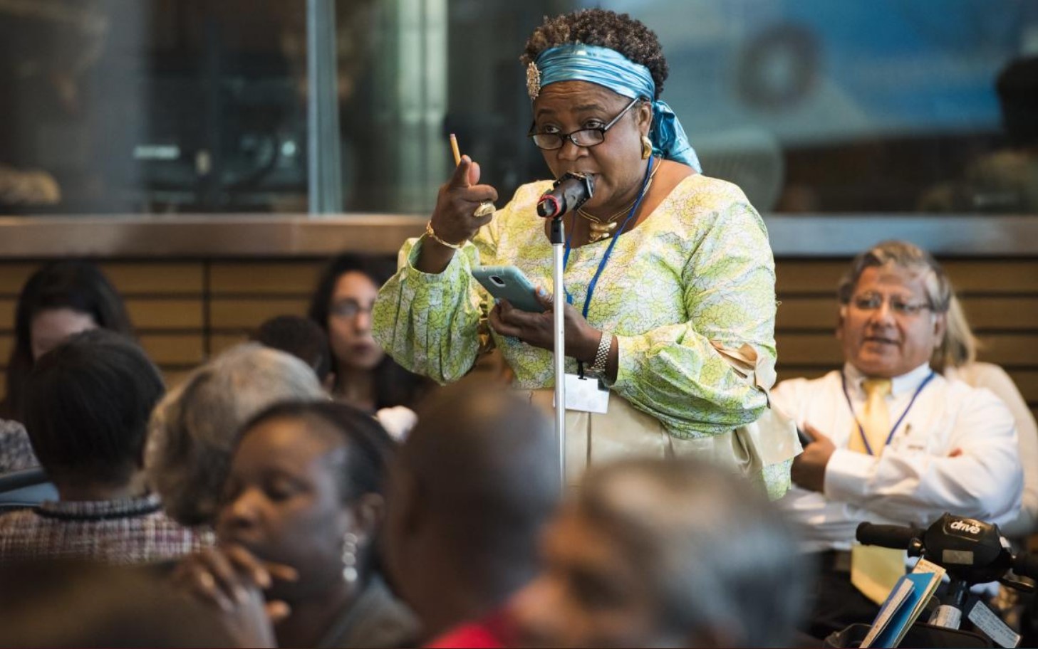 A woman speaking at the civil society roundtable during the World Bank / IMF 2017 Spring Meetings. Washington, DC, April 18, 2017. Credit: World Bank/Grant Ellis