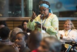 A woman speaking at the civil society roundtable during the World Bank / IMF 2017 Spring Meetings. Washington, DC, April 18, 2017. Credit: World Bank/Grant Ellis